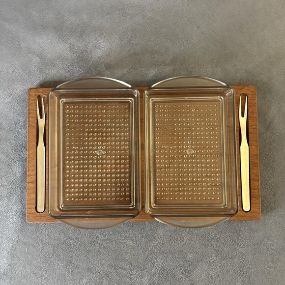 Other - Mid Century Denmark Teak Appetizer Tray w/ Dual Plastic Inserts & Forks